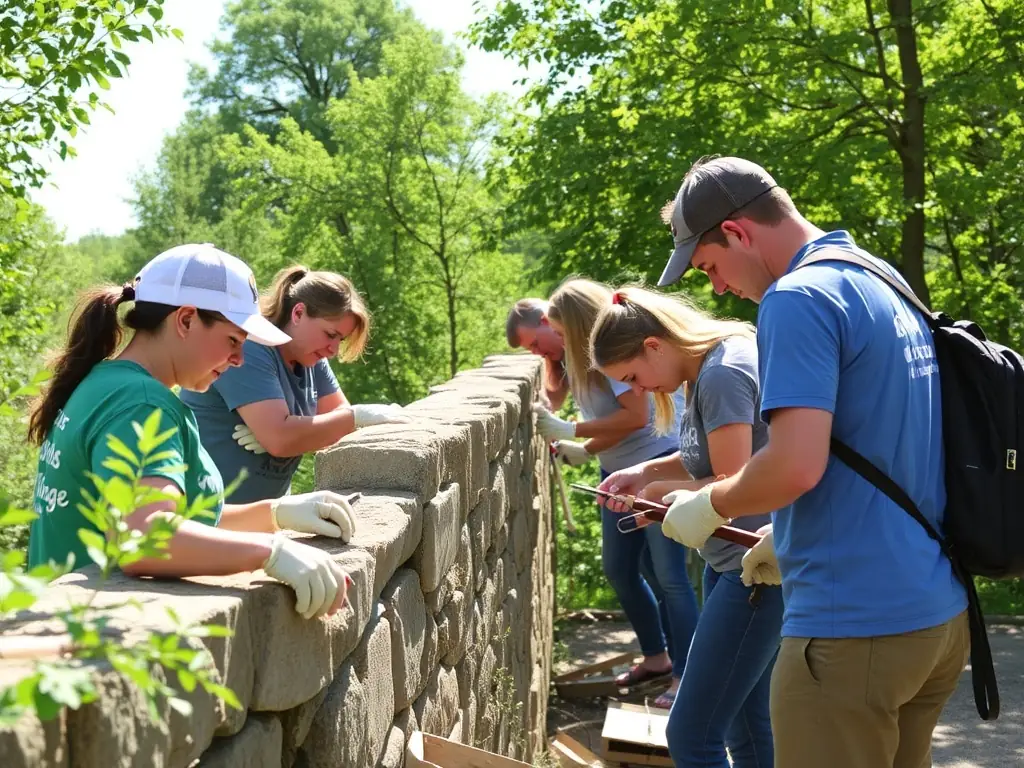 A group of volunteers working together to restore a section of the Château Couvert's stone wall, showcasing the Heritage Conservation Program in action.