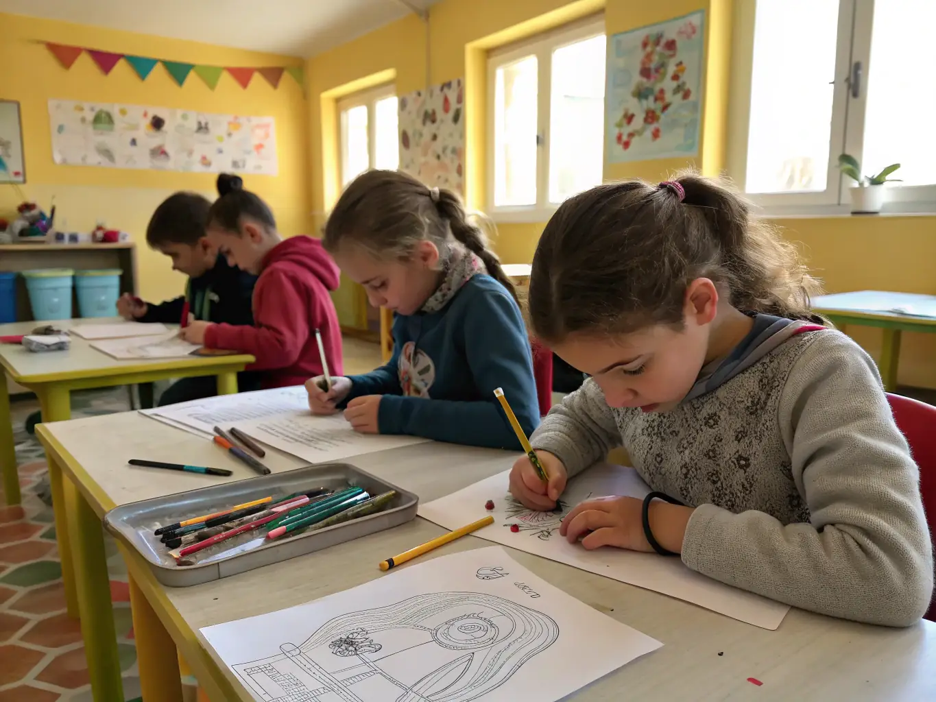 A classroom setting with children participating in a historical craft workshop, learning about traditional arts and crafts related to the Château's history.