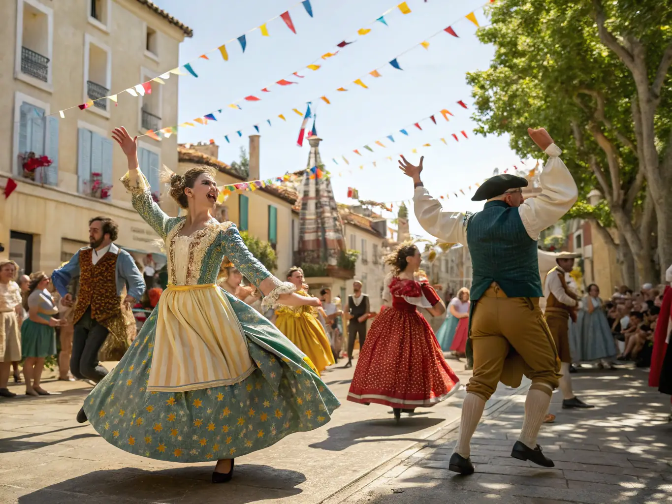 A vibrant scene from a community festival held at Château Couvert, with families enjoying historical reenactments and local food vendors.