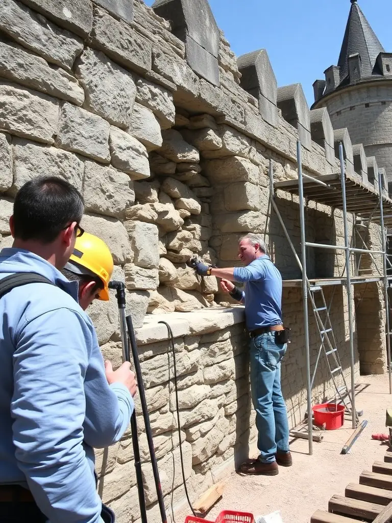 A team of conservationists working on restoring a section of Château Couvert, with scaffolding and historical tools visible, focusing on the Heritage Conservation Programs.