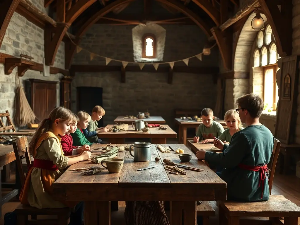 A classroom setting with children participating in a historical craft workshop, part of the Cultural Education & Workshops program at Château Couvert.