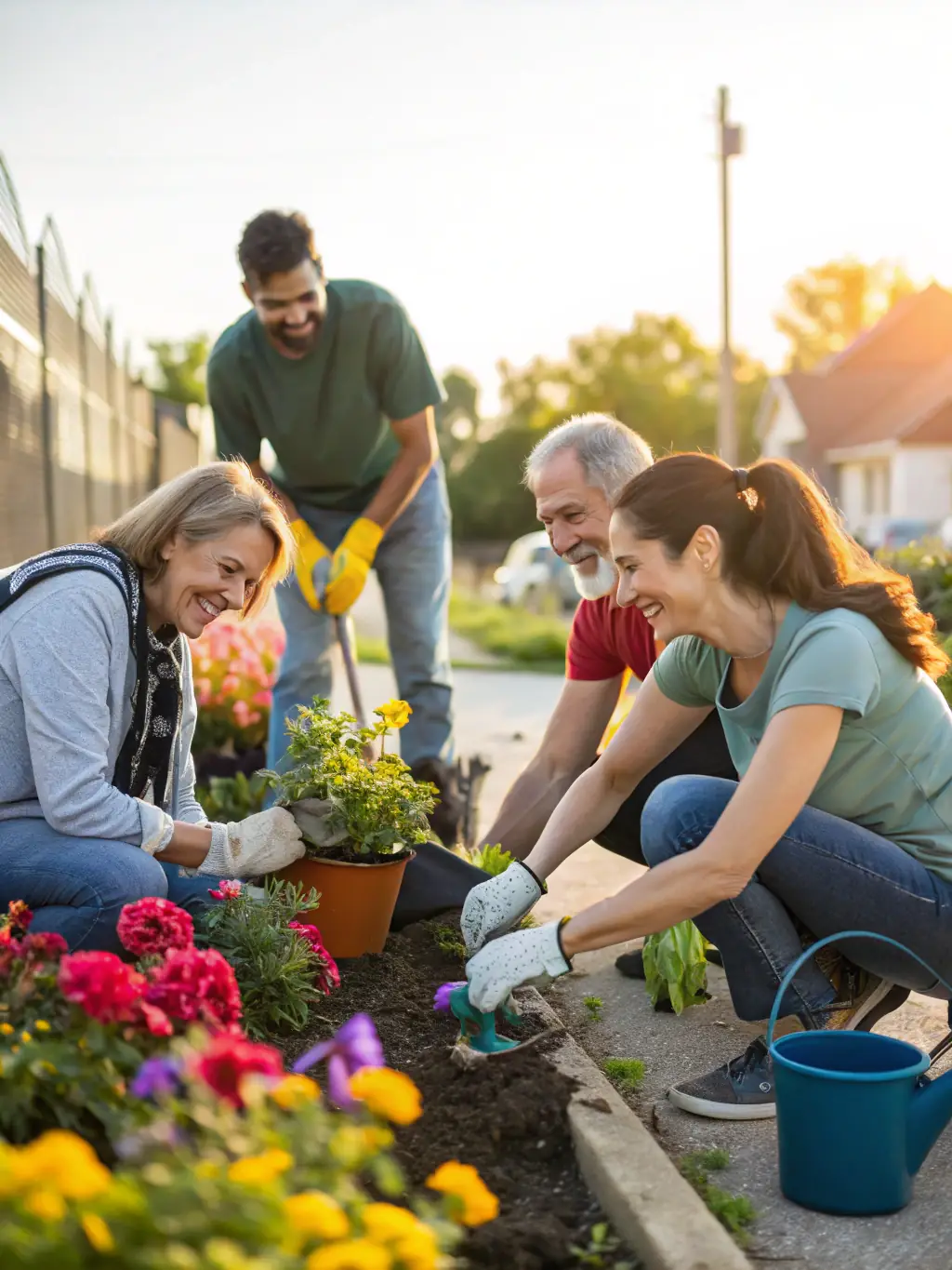 Volunteers planting flowers in the gardens of Château Couvert, contributing to the beautification and maintenance of the grounds.