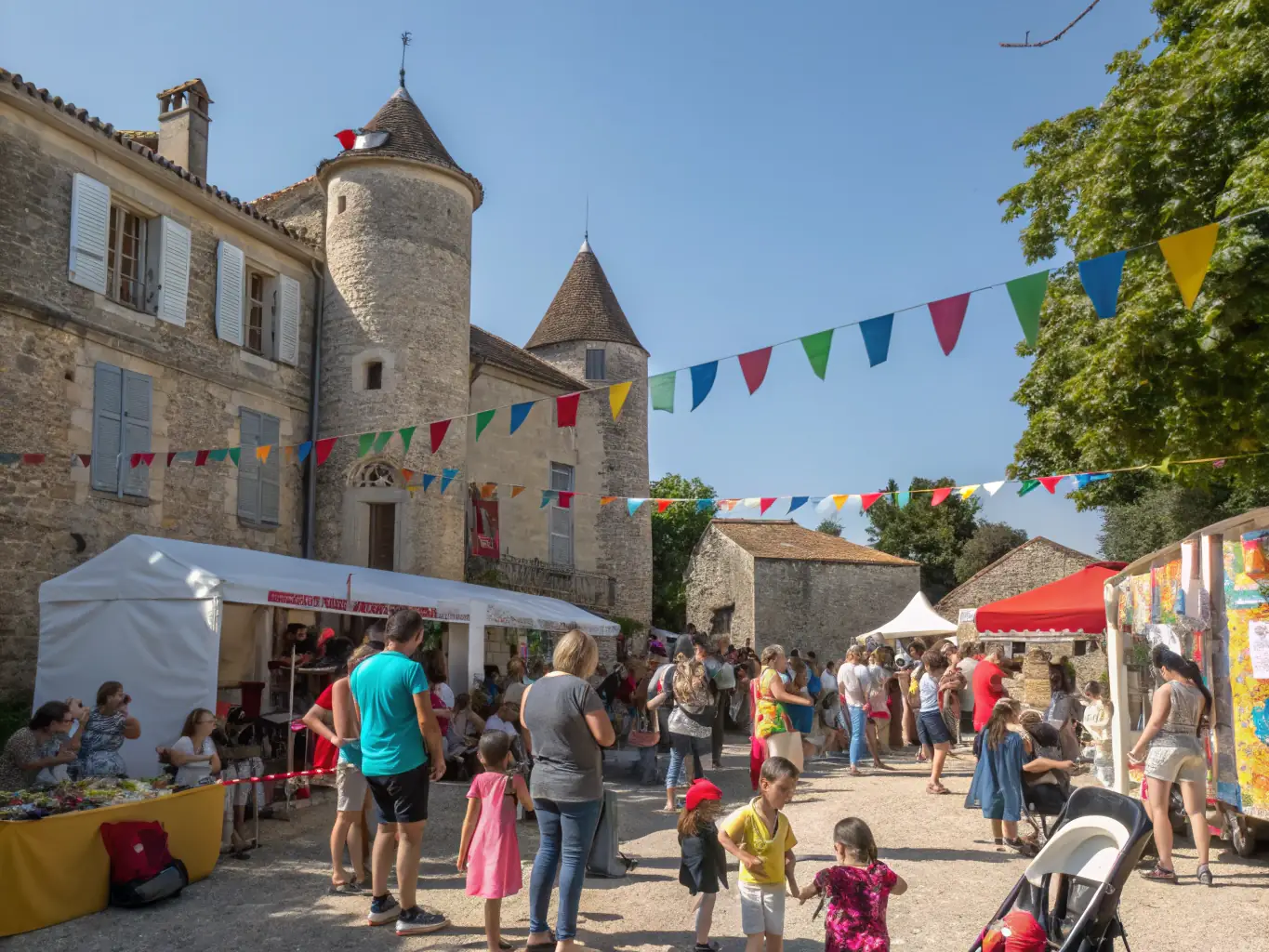 A vibrant scene from a community event at Château Couvert, with families enjoying historical reenactments and open-house activities.